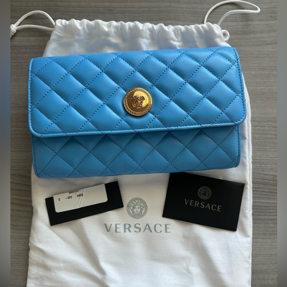 Versace La Medusa Blue Quilted Lamb Leather Crossbody Clutch
